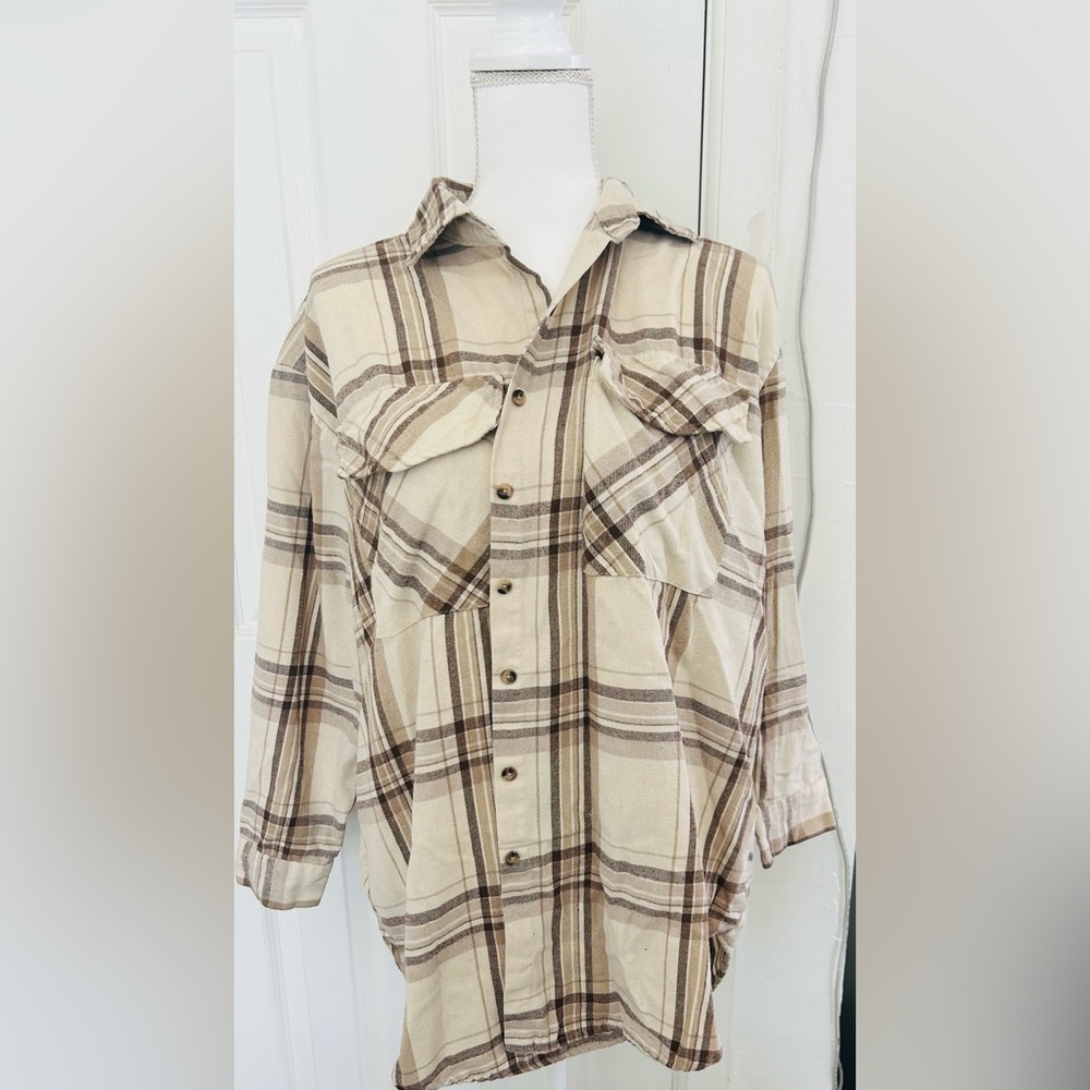 Classic Men's Cream & Brown Plaid Button-Up Shirt